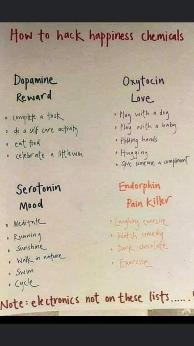 document - How to hack happiness Chemicals Dopamine Reward Oxytocin Love Play with a dog baby complete a task do a self care activity eat food celebrate a littlewin Play with a Holding hands . Hugging . give someone a compliment Serotonin Mood Meditate Ru