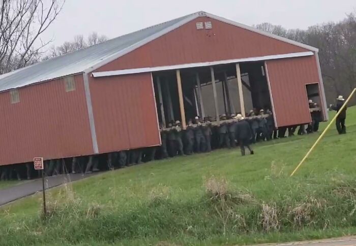 A Whole Crap Load Of Amish Guys Moving A Barn