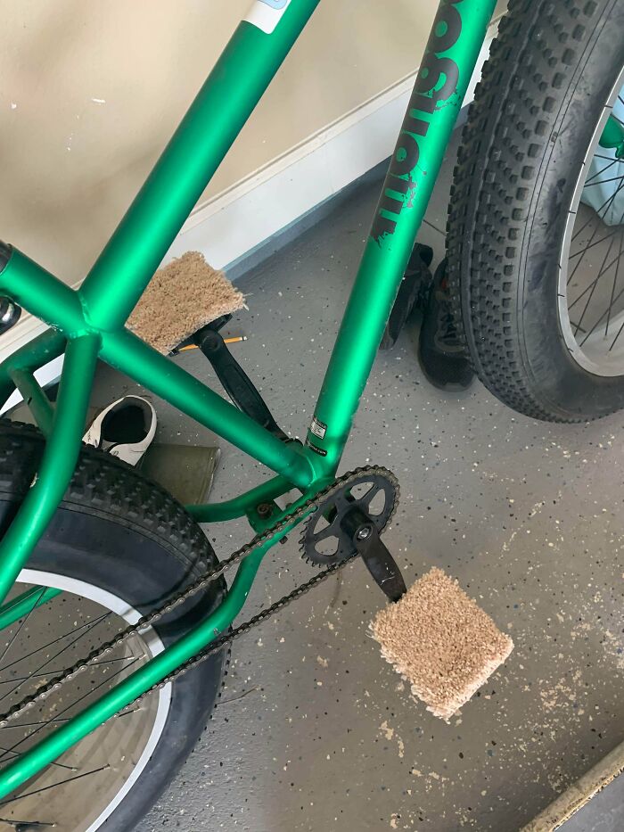 My 12 Year Old Son Modified His Bike With Carpet For Barefoot Riding