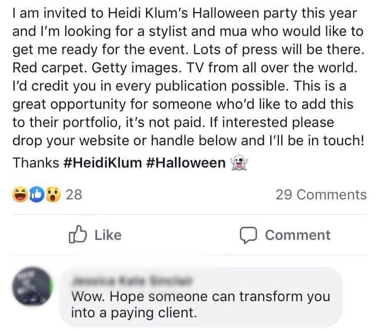 document - I am invited to Heidi Klum's Halloween party this year and I'm looking for a stylist and mua who would to get me ready for the event. Lots of press will be there. Red carpet. Getty images. Tv from all over the world. I'd credit you in every pub