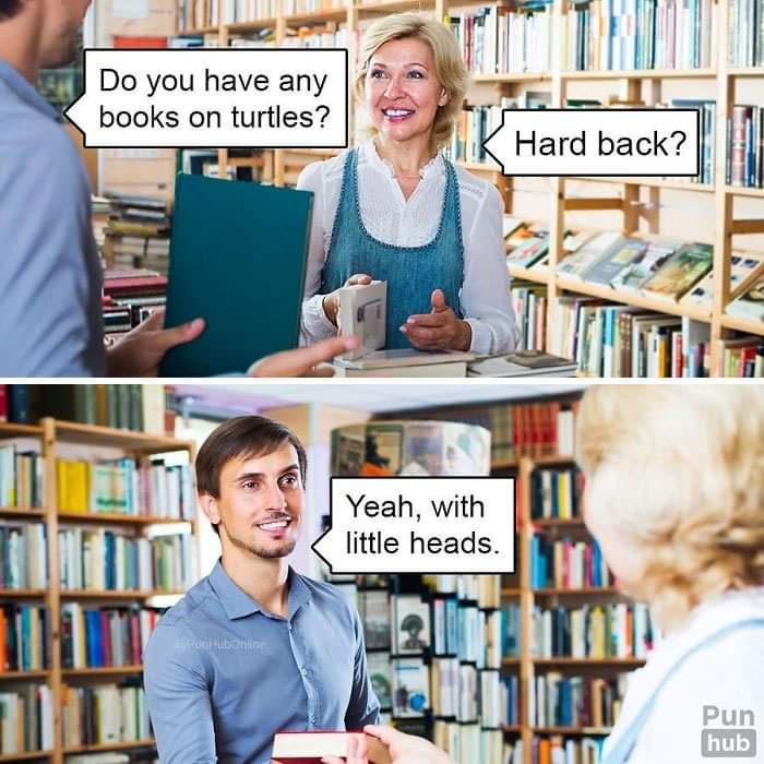 pun memes - Do you have any books on turtles? Hard back? Yeah, with little heads. bine Pun hub