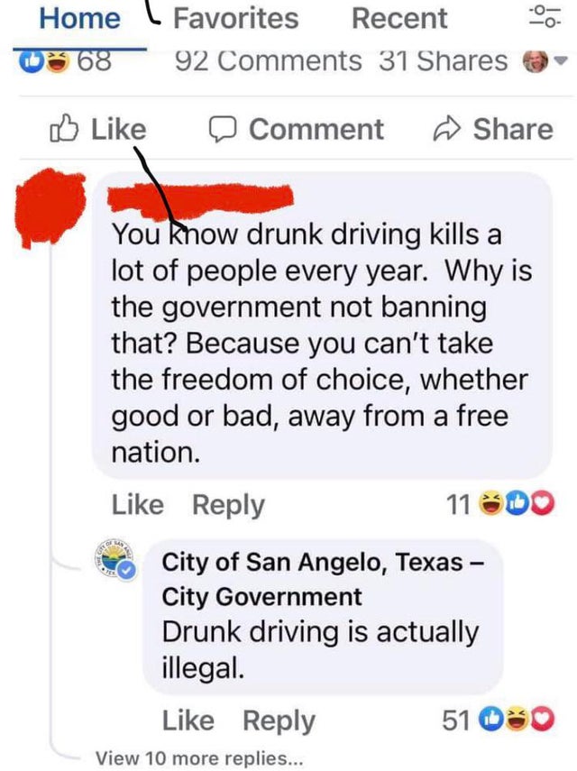 number - 00 Home L Favorites Recent 03 68 92 31 0 Comment You know drunk driving kills a lot of people every year. Why is the government not banning that? Because you can't take the freedom of choice, whether good or bad, away from a free nation. 11 Do Ci