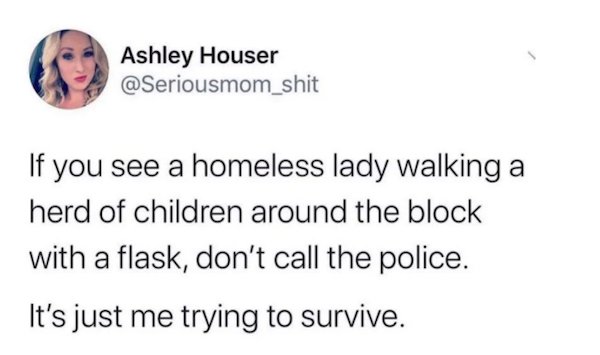 Ashley Houser If you see a homeless lady walking a herd of children around the block with a flask, don't call the police. It's just me trying to survive.