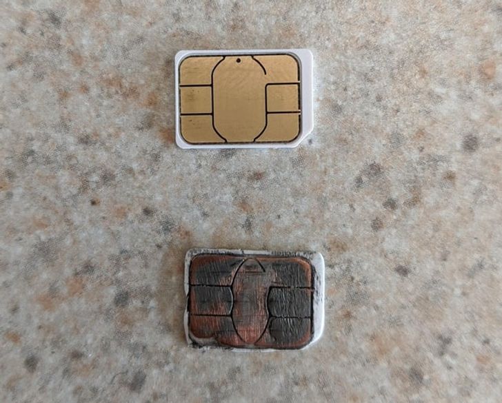 “A customer came in because his phone said ’No SIM.’ I wonder why... (Old SIM on the bottom, new SIM on top for comparison).”