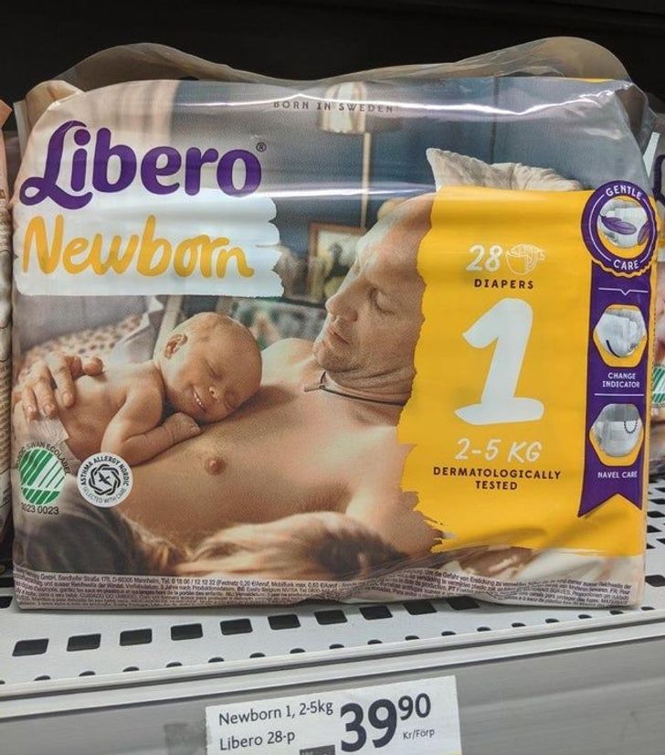 This diaper packaging in Sweden has a father on the front.