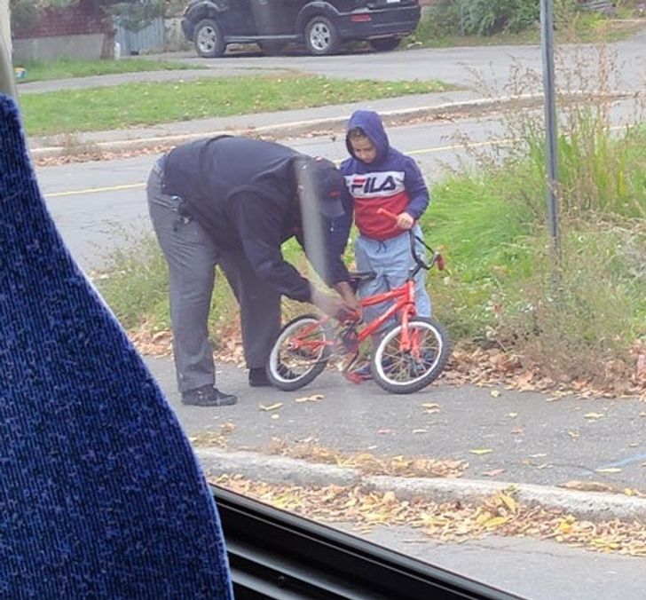 Our bus driver saw a kid crying on the road because his bike broke down. So he stopped the bus and helped him out.