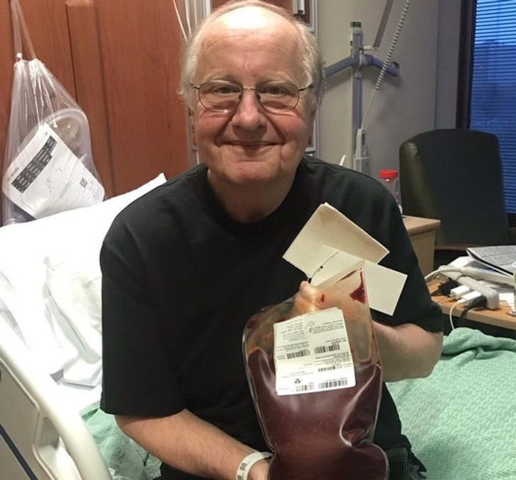 “My dad with a bag of bone marrow donated by a 38-year-old stranger in Germany to save his life.”