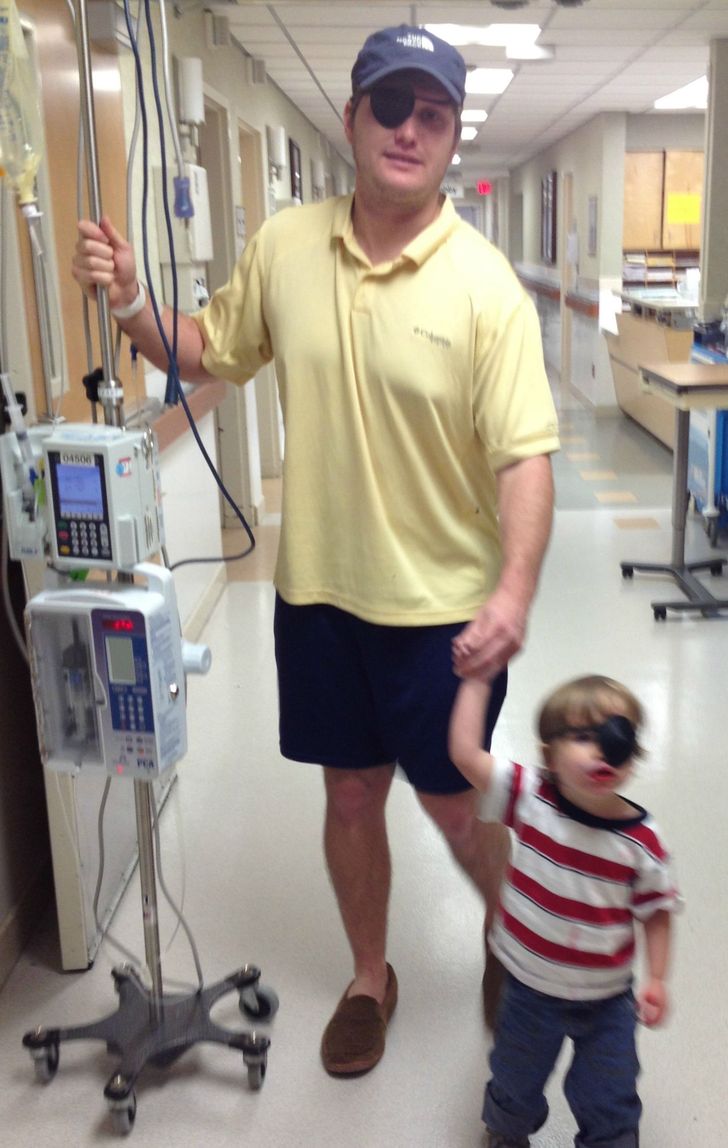 “After a bleed in my brainstem, this is my son helping me learn to walk again.”