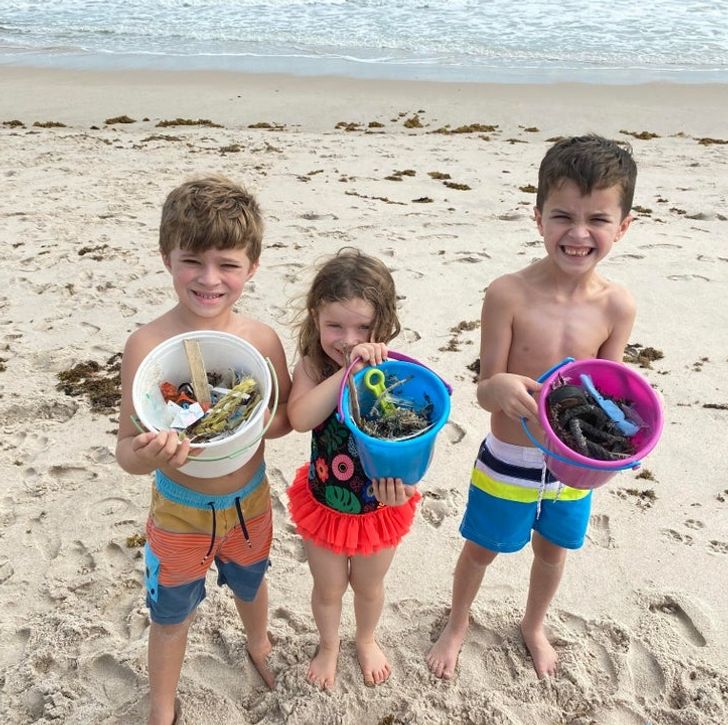 “Teaching my little people to pick up trash at the beach”