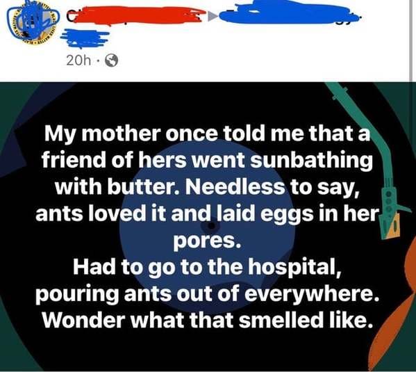 funny lies - My mother once told me that a friend of hers went sunbathing with butter. Needless to say, ants loved it and laid eggs in her pores. Had to go to the hospital, pouring ants out of everywhere. Wonder what that smelled .