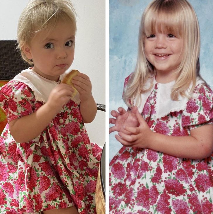 “Here’s my daughter and my wife wearing the same dress, 28 years apart. Made me smile.”