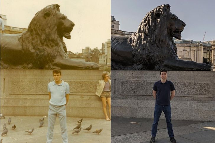 “My dad and me, visiting Trafalgar Square — the time gap between the photos is around 40 years.”