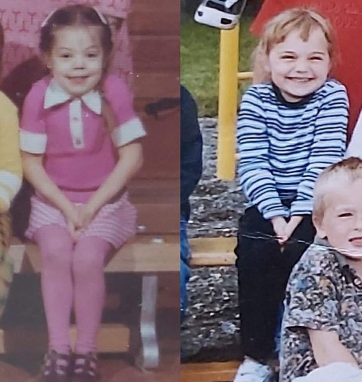 “This is my baby and me in our kindergarten photos. They even had us in the same spot on the bench, arranged according to height.”