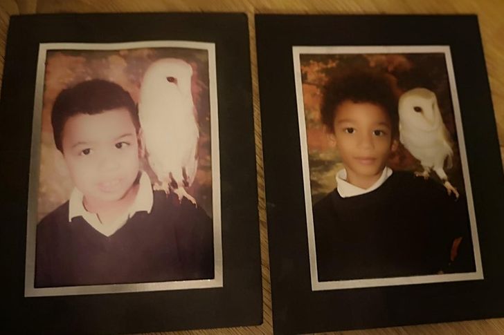 “These are pictures of me with my owl along with my brother and the same owl 10 years later.”
