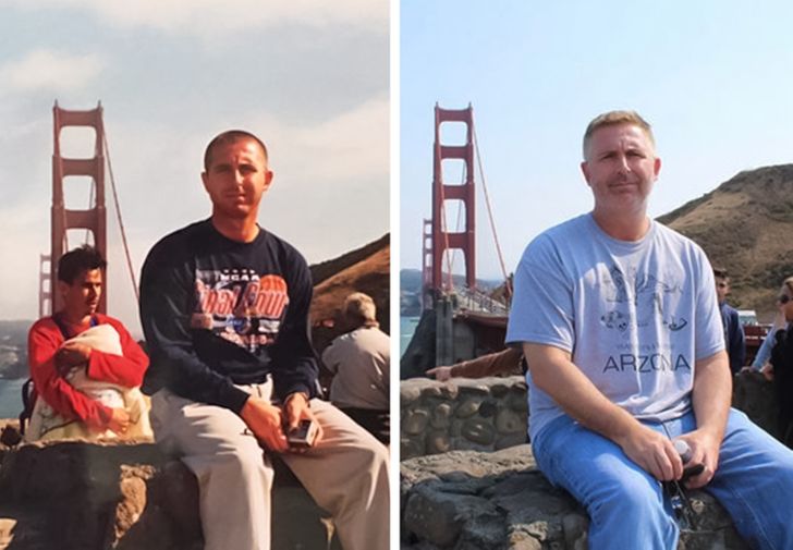 “Took the same exact photo of my dad at the Golden Gate Bridge, 15 years apart.”