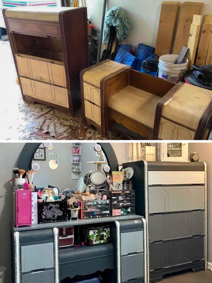 “Brought new life to my great grandparents’ old bedroom set. Over 100 years old! It’s still a work in progress, but here are the before and after pictures.”