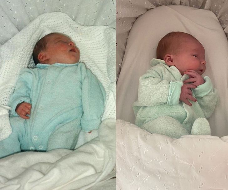 “My son and me, 27 years apart with the same Moses blanket, basket, and onesie!”