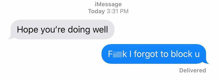 communication - iMessage Today Hope you're doing well Fk I forgot to block u Delivered