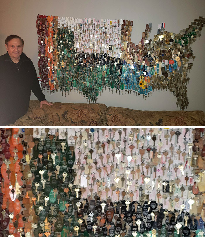 My Grandfather Used All Of His Hotel/Motel Keys He Received From His Job As A Traveling Salesman And Made Them Into A Map Of The US