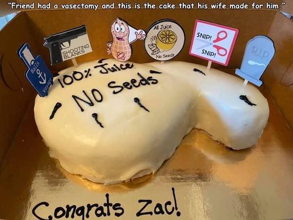 torte - "Friend had a vasectomy and this is the cake that his wife made for him." Al Juice Snip! Pldt Shooting Blanks Snip! No Seeds Balls Voyag 100% Juice No Seeds 1 Congrats Zac!