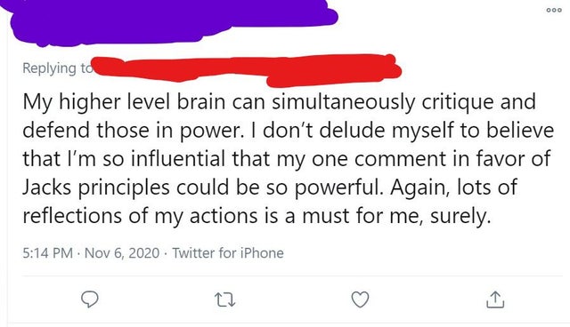 paper - Ooo My higher level brain can simultaneously critique and defend those in power. I don't delude myself to believe that I'm so influential that my one comment in favor of Jacks principles could be so powerful. Again, lots of reflections of my actio