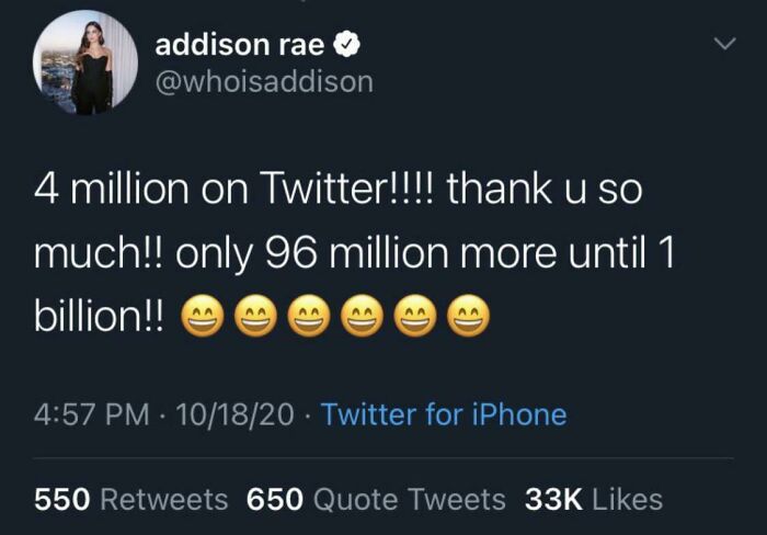 elon musk stimulus tweet - addison rae 4 million on Twitter!!!! thank u so much!! only 96 million more until 1 billion!! 101820 Twitter for iPhone 550 650 Quote Tweets 33K