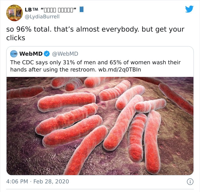 Lb Tm "0000 10000" so 96% total. that's almost everybody. but get your clicks Mb WebMD The Cdc says only 31% of men and 65% of women wash their hands after using the restroom. wb.md2q0TBIn