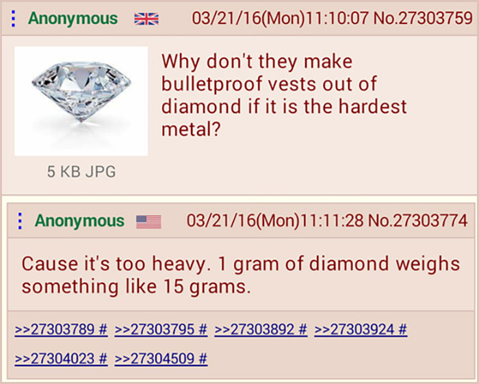 point - Anonymous en 032116Mon07 No.27303759 Why don't they make bulletproof vests out of diamond if it is the hardest metal? 5 Kb Jpg Anonymous 032116Mon28 No.27303774 Cause it's too heavy. 1 gram of diamond weighs something 15 grams. >>27303789 # >>2730