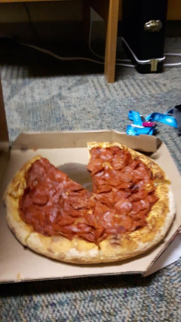 When I was a first-year in university, a bunch of us in residence got Domino’s delivered. One guy asked for a pizza with “triple pepperoni” and “no cheese”. This was the result.