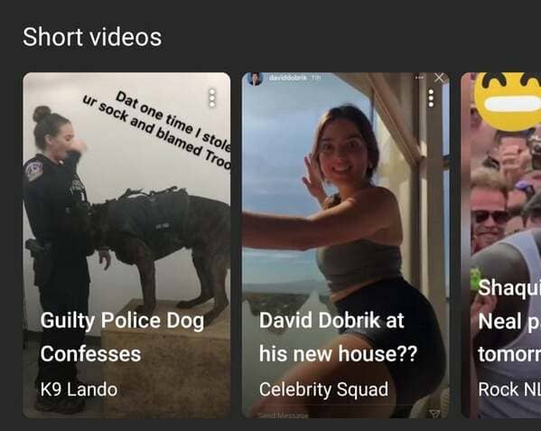 photo caption - Short videos Dat one time I stole ur sock and blamed Troo Guilty Police Dog Confesses David Dobrik at his new house?? Celebrity Squad Shaqui Neal p tomorr K9 Lando Rock Ni 72