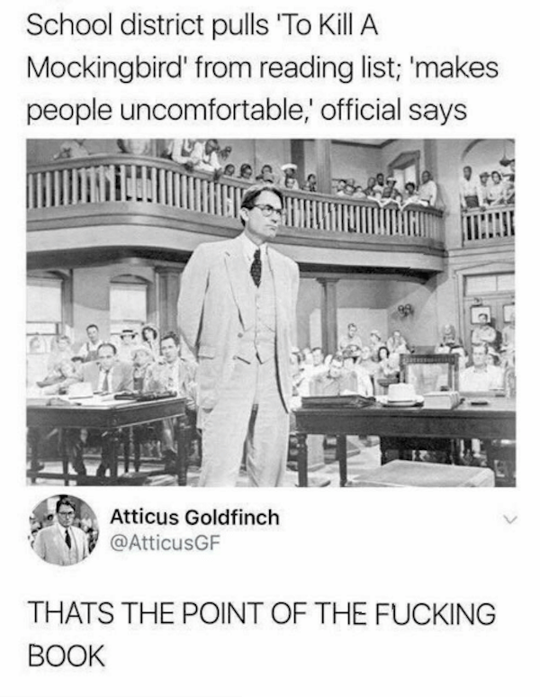 kill a mockingbird banned meme - School district pulls 'To Kill A Mockingbird' from reading list; 'makes people uncomfortable,' official says Atticus Goldfinch Thats The Point Of The Fucking Book