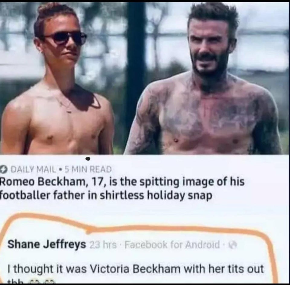 romeo beckham - Daily Mail. 5 Min Read Romeo Beckham, 17, is the spitting image of his footballer father in shirtless holiday snap Shane Jeffreys 23 hrs Facebook for Android I thought it was Victoria Beckham with her tits out