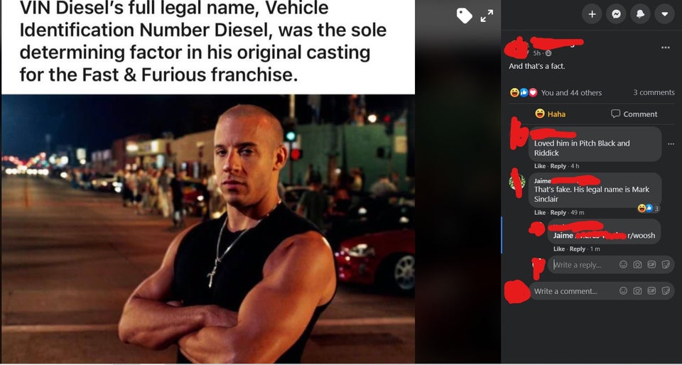 vin diesel - Vin Diesel's full legal name, Vehicle Identification Number Diesel, was the sole determining factor in his original casting for the Fast & Furious franchise. Sh And that's a fact. 3 You and 44 others Haha Comment be Loved him in Pitch Black a