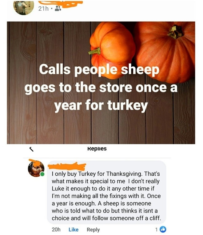 orange - 21h. Calls people sheep goes to the store once a year for turkey Replies I only buy Turkey for Thanksgiving. That's what makes it special to me I don't really Luke it enough to do it any other time if I'm not making all the fixings with it. Once 