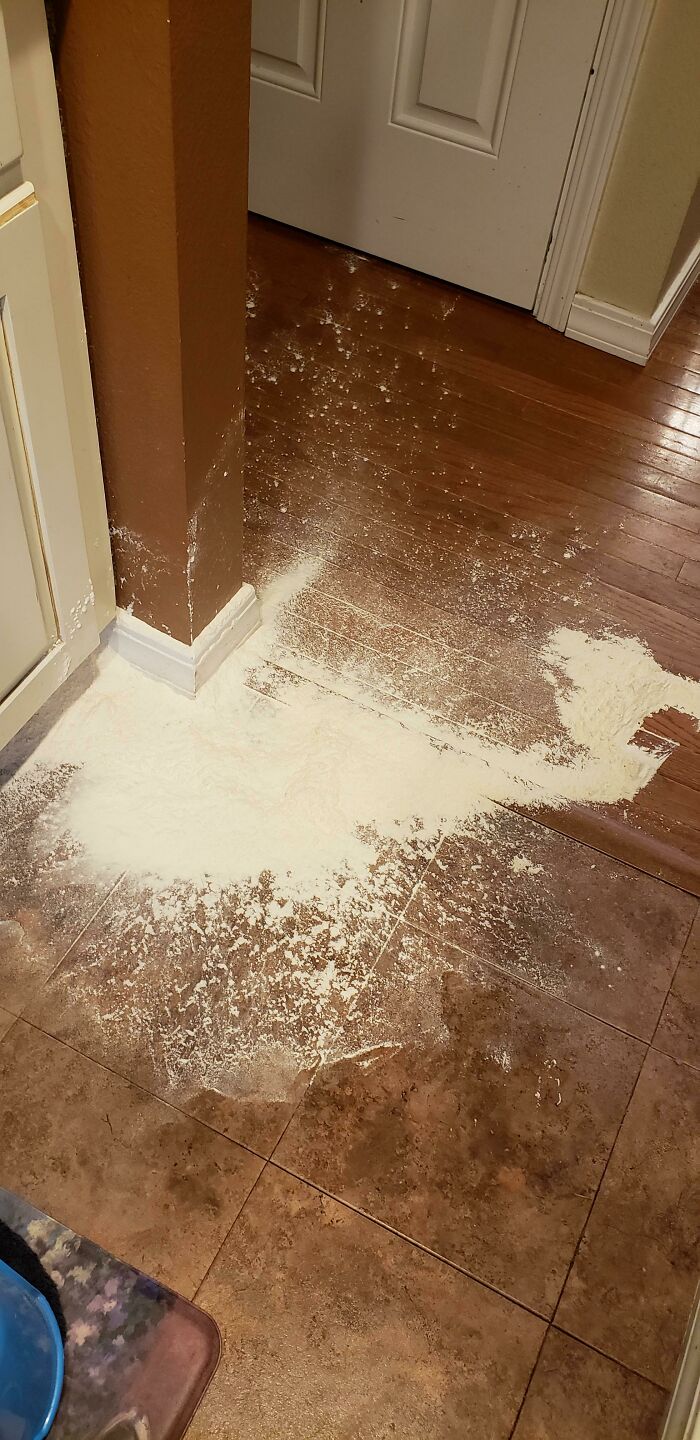 Moved The Flour Away From The Kid So He Wouldn't Make A Mess. And I Knocked It Off The Counter With My Elbow