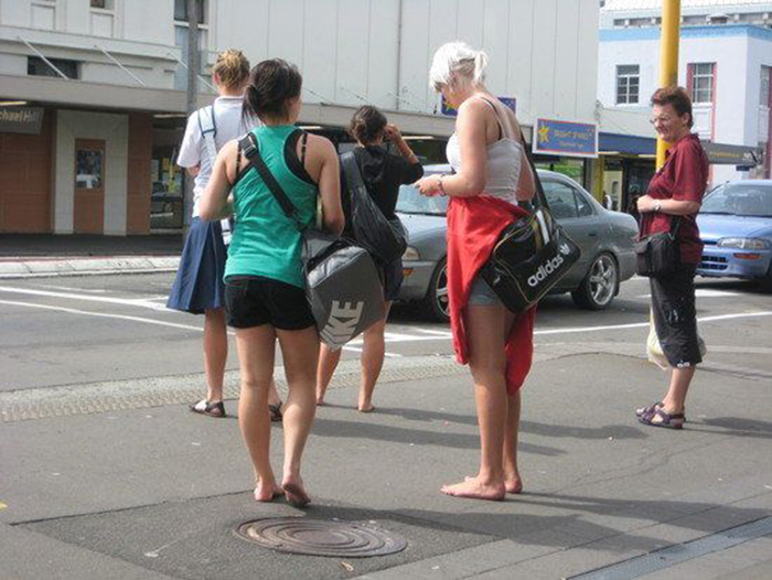 Barefoot people EVERYWHERE in New Zealand. In Starbucks, in the mall, on public transit, walking down the street. No shoes, no socks, no [damns] to give.