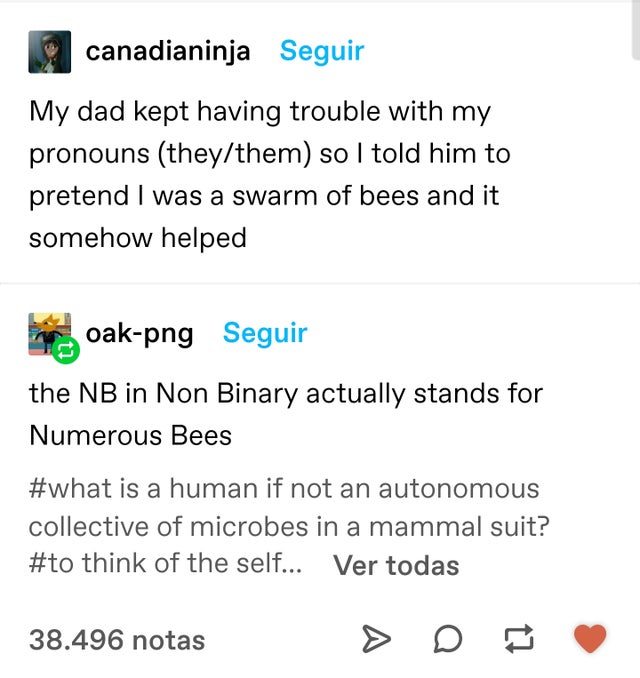 document - canadianinja Seguir My dad kept having trouble with my pronouns theythem so I told him to pretend I was a swarm of bees and it somehow helped oakpng Seguir the Nb in Non Binary actually stands for Numerous Bees is a human if not an autonomous c