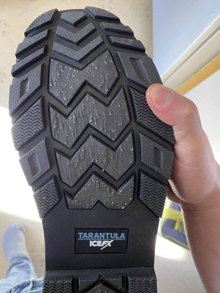 “My new winter boots have metal fragments embedded in the sole to help with grip on ice.”