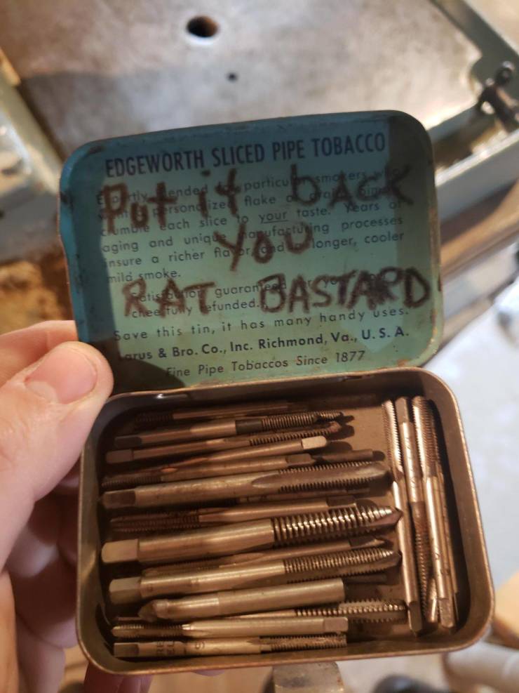 “The previous owner of this tap set left a friendly message.”