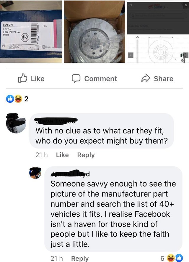 screenshot - Peu Bosch 2 St Pcs 0906 478 977 B0976 Sor Donne Comment 2 With no clue as to what car they fit, who do you expect might buy them? 21 h d Someone savvy enough to see the picture of the manufacturer part number and search the list of 40 vehicle