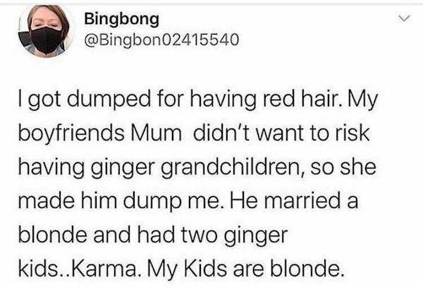 reddit hilarious - Bingbong I got dumped for having red hair. My boyfriends Mum didn't want to risk having ginger grandchildren, so she made him dump me. He married a blonde and had two ginger kids..Karma. My Kids are blonde.