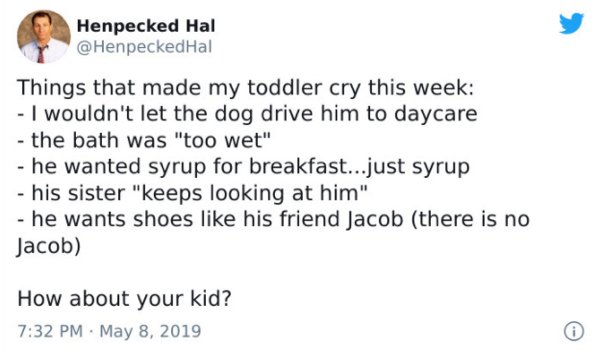 southerner northerner snow meme - Henpecked Hal Things that made my toddler cry this week I wouldn't let the dog drive him to daycare the bath was "too wet" he wanted syrup for breakfast...just syrup his sister "keeps looking at him" he wants shoes his fr