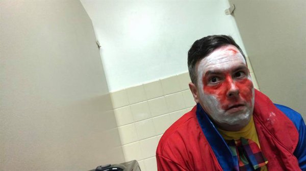 “Was shooting a little skit and I’m literally in a bathroom stall at work right now covered in clown paint and I just tried wiping it off and it’s not coming off…”