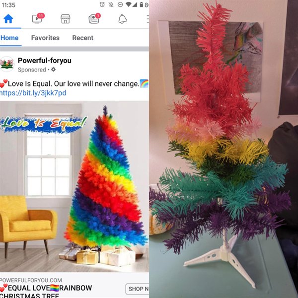 “I ordered a 6ft tall rainbow tree from a Facebook ad and this is what showed up! I’m crying from laughing so hard, I’ve never had this happen in real life!”