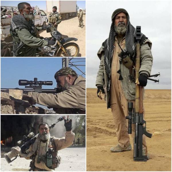 “This is a picture of Abu Tahsin al-Salhi, an Iraqi veteran sniper who is credited with killing over 384 ISIS members during the Iraqi Civil War, receiving the nickname “Hawk Eye.” The leader of ISIS was so afraid of him, he put a bounty of $250,000 on the sniper.”
