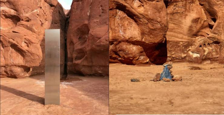 “The Utah monolith has mysteriously disappeared, Replaced by a pile of rocks.”