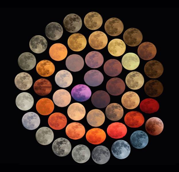 “48 different colors of the moon, all photographed at different places in Italy in a time span of 10 years.”