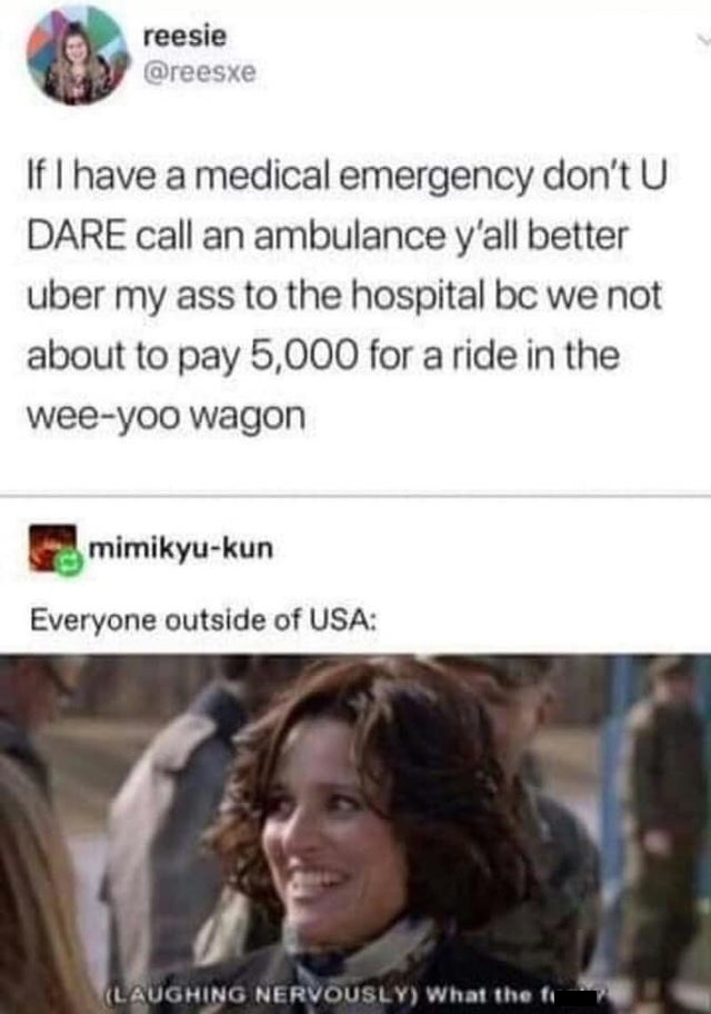 wee yoo wagon - reesie If I have a medical emergency don't U Dare call an ambulance y'all better uber my ass to the hospital bc we not about to pay 5,000 for a ride in the weeyoo wagon mimikyukun Everyone outside of Usa Laughing Nervously What the fi