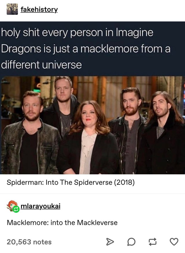 imagine dragons macklemore - fakehistory holy shit every person in Imagine Dragons is just a macklemore from a different universe Spiderman Into The Spiderverse 2018 mlarayoukai Macklemore into the Mackleverse 20,563 notes