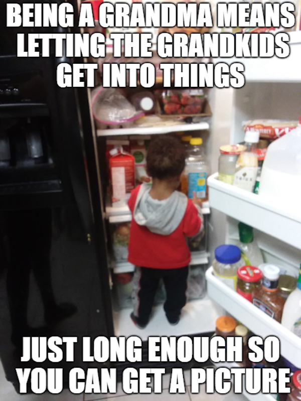 grandparents meme - Being A Grandma Means Letting The Grandkids Get Into Things Just Long Enough So You Can Get A Picture